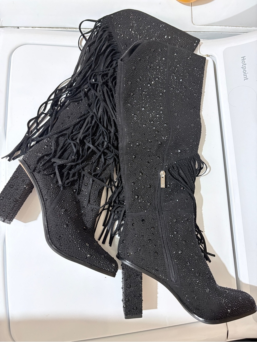 Jessica Simpson Black Fringe knee high Boot with Rhinestones 8.5